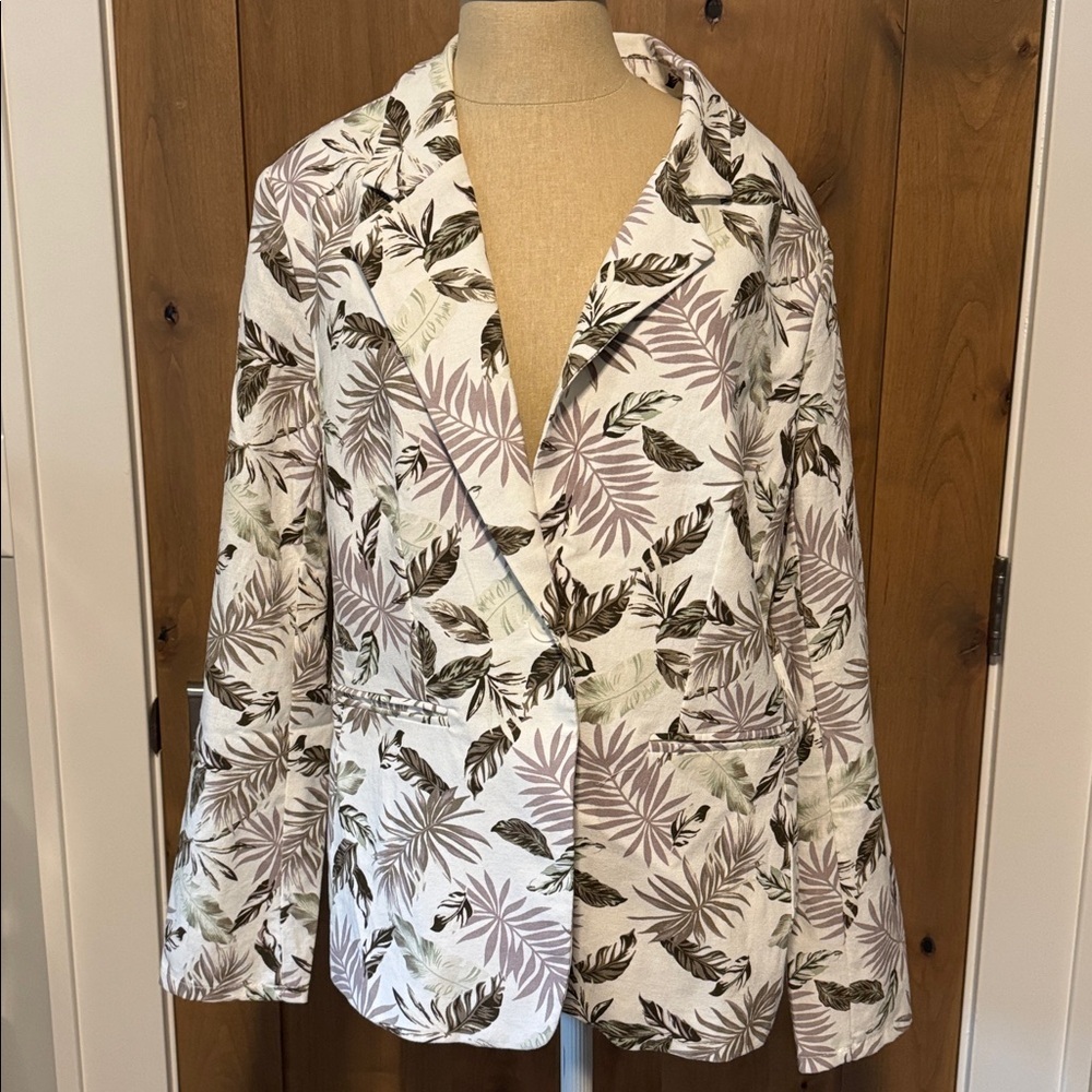 Solitaire Palms Linen Blend Blazer Womens XL tropical leaf print office career